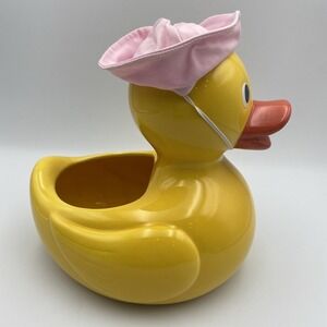 Teleflora Large Yellow Duck‎ Ceramic Planter Vase Just Ducky W Pink Hat VTG Nos